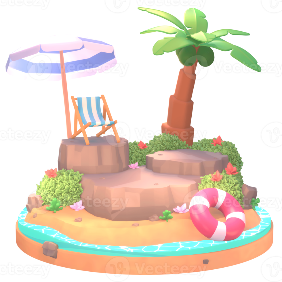 ilustración de verano en la playa con palmeras y herramientas de playa ilustración 3d png