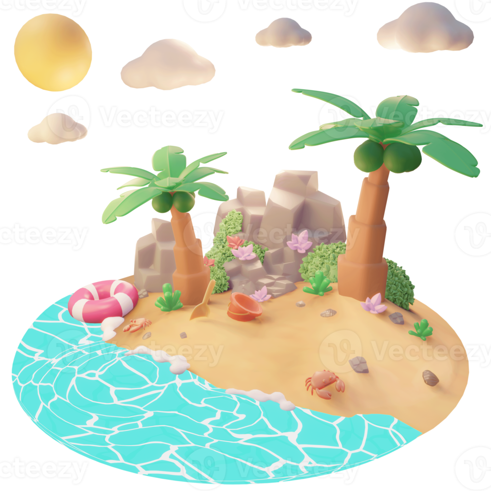 sommerillustration am strand mit baumpalme und strandwerkzeugen 3d-illustration png