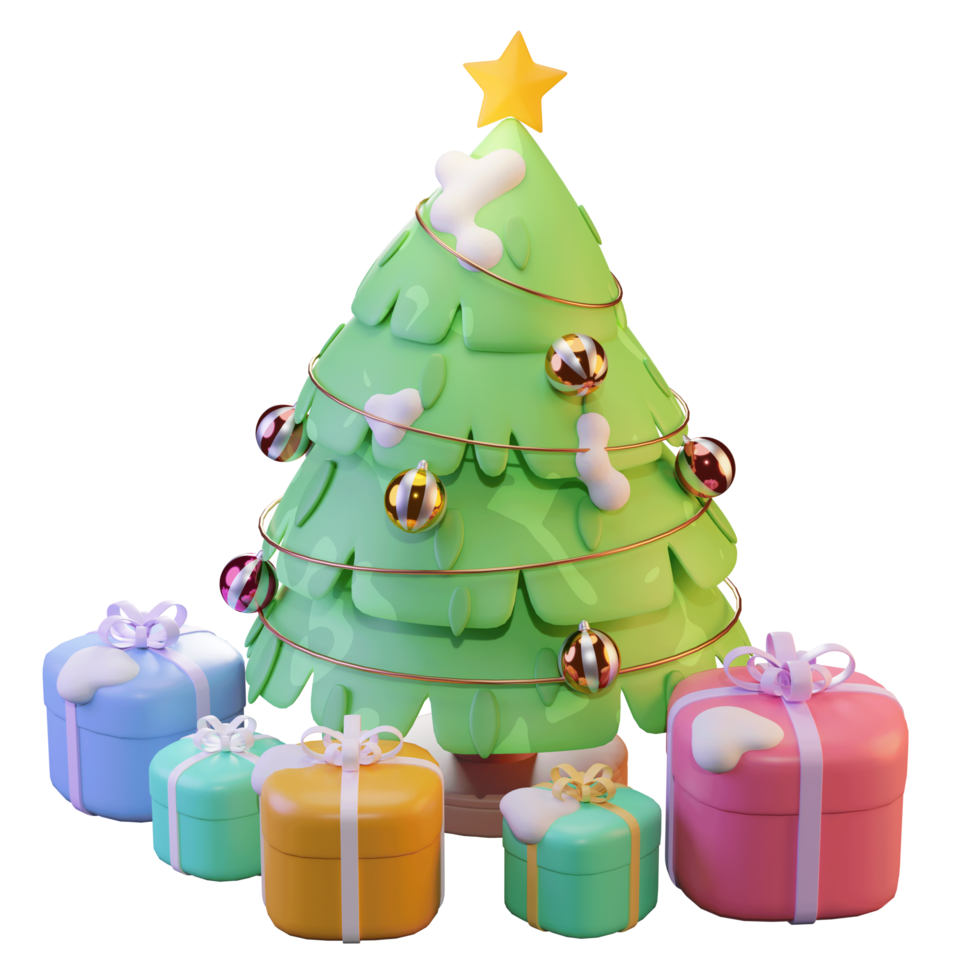 Ilustração 3d, árvore de natal e presentes, com estrela, podem ser usados para web, app, infográfico, publicidade, etc png