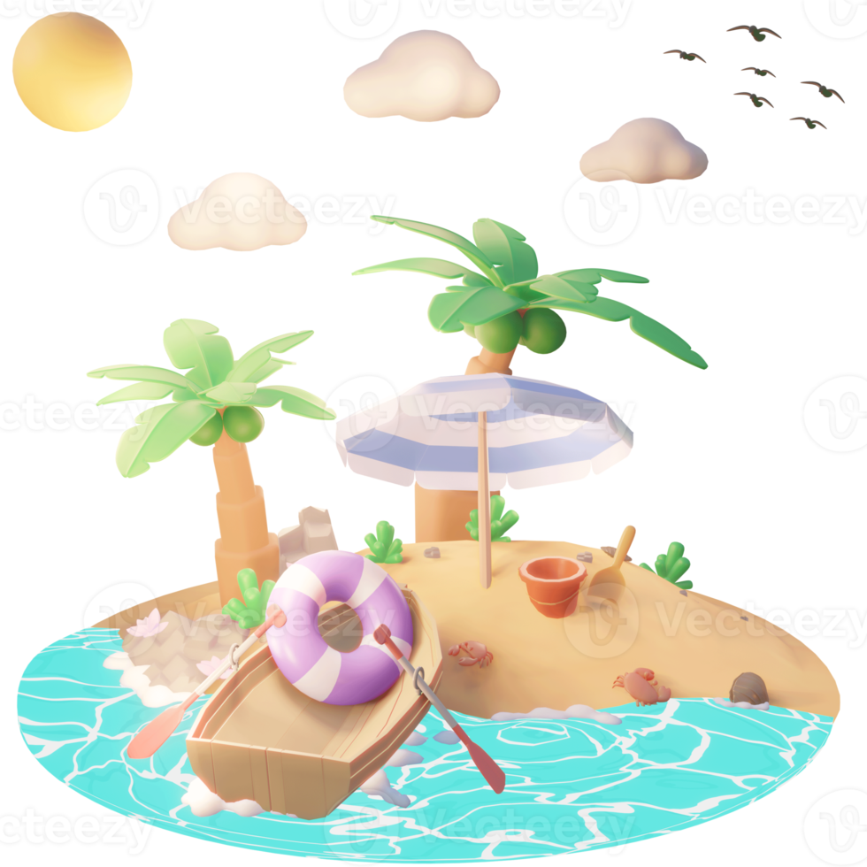 Summer illustration on the beach with tree palm and beach tools 3d illustration png