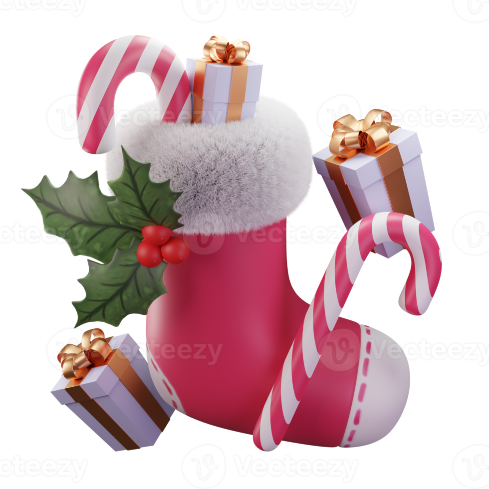 3D illustration, Christmas socks with candy and gifts, use for web, app, infographic, print etc png