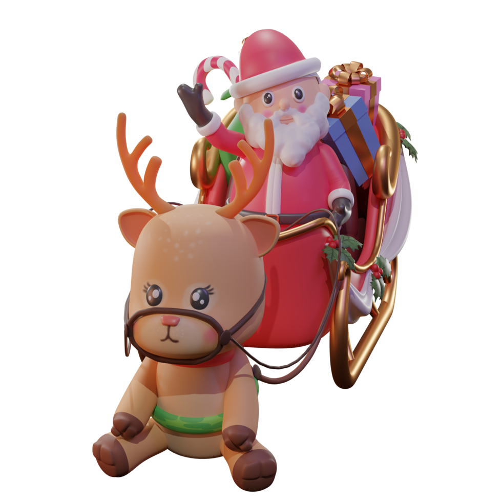 Ilustração 3d de natal com papai noel, carruagem e rena, usada para web, app, infográfico, etc png