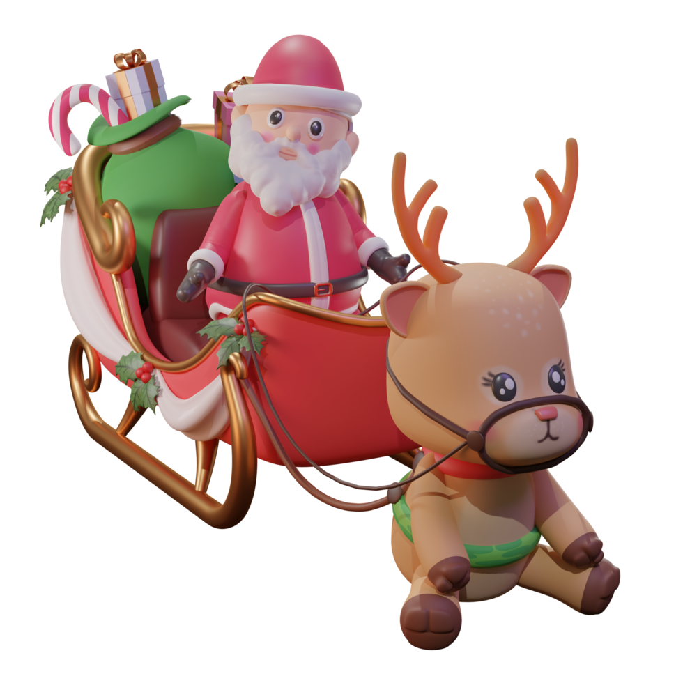 Illustrazione 3d di natale con babbo natale, carrozza e renne, utilizzata per web, app, infografica, ecc png