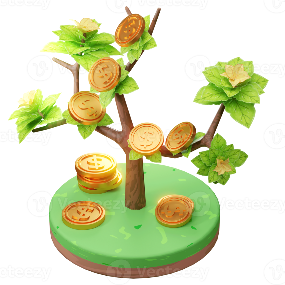 3D Rendering Illustration of Growing Business, with tree and coin, used for web, app etc png