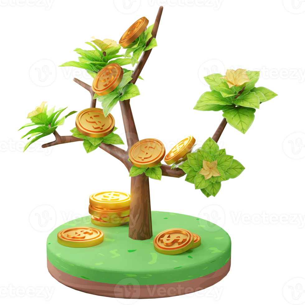 3D Rendering Illustration of Growing Business, with tree and coin, used for web, app etc png
