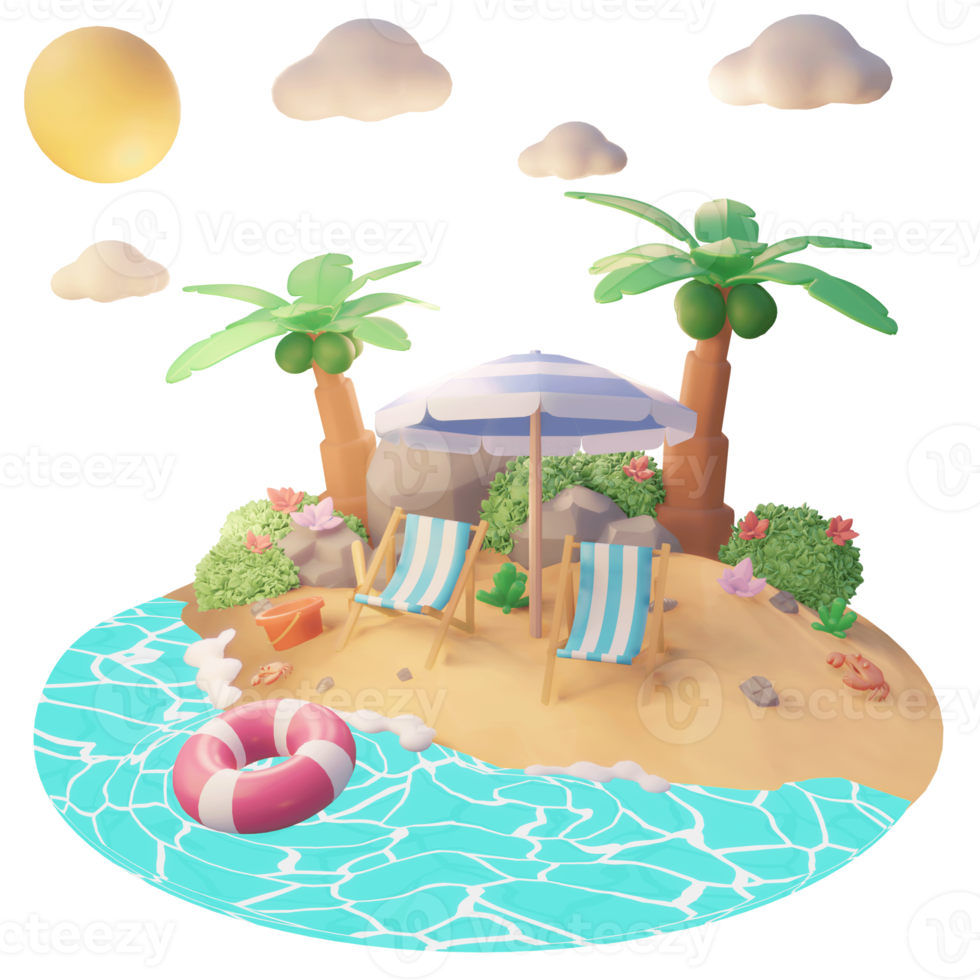 Summer illustration on the beach with tree palm and beach tools 3d illustration png