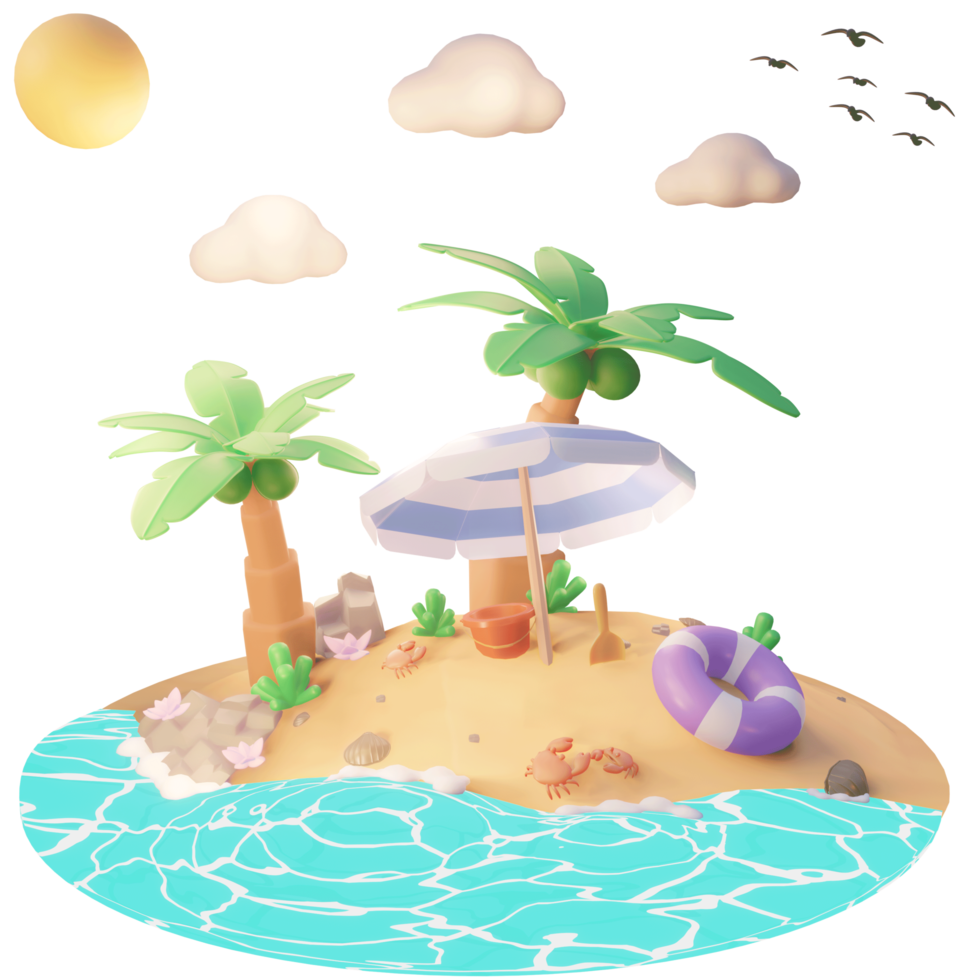 ilustração de verão na praia com palmeiras e ferramentas de praia ilustração 3d png