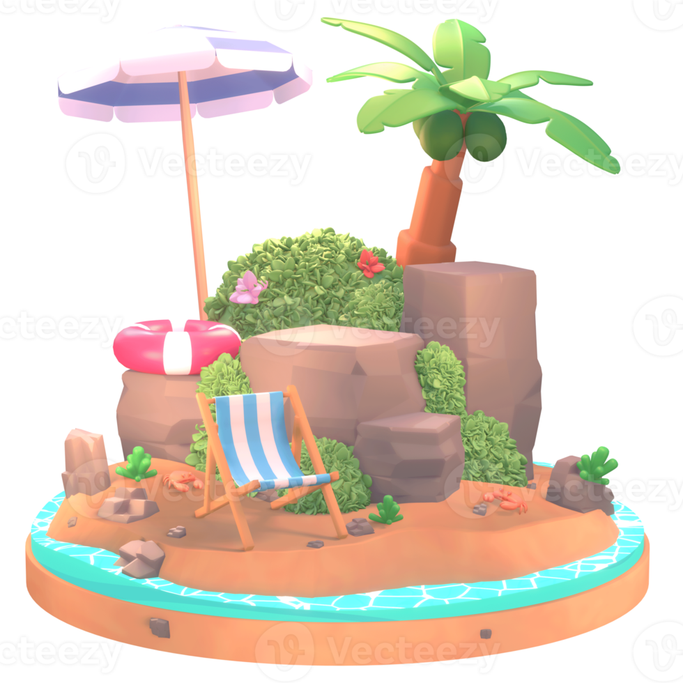 ilustración de verano en la playa con palmeras y herramientas de playa ilustración 3d png