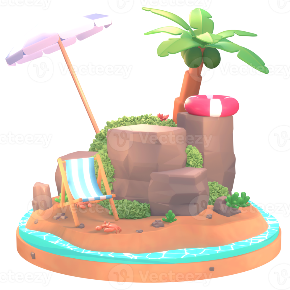 Summer illustration on the beach with tree palm and beach tools 3d illustration png