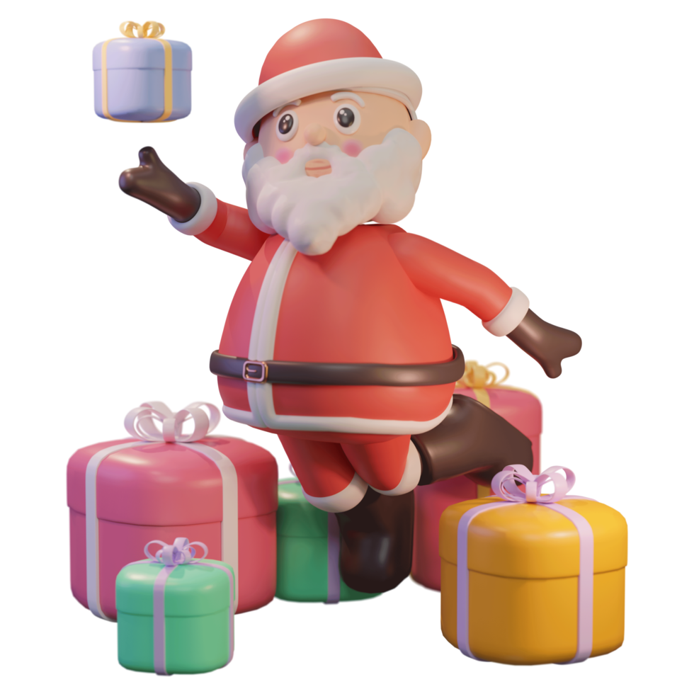 3D-illustration god jul, med jultomten och priser, för webb, app, infographic, reklam png