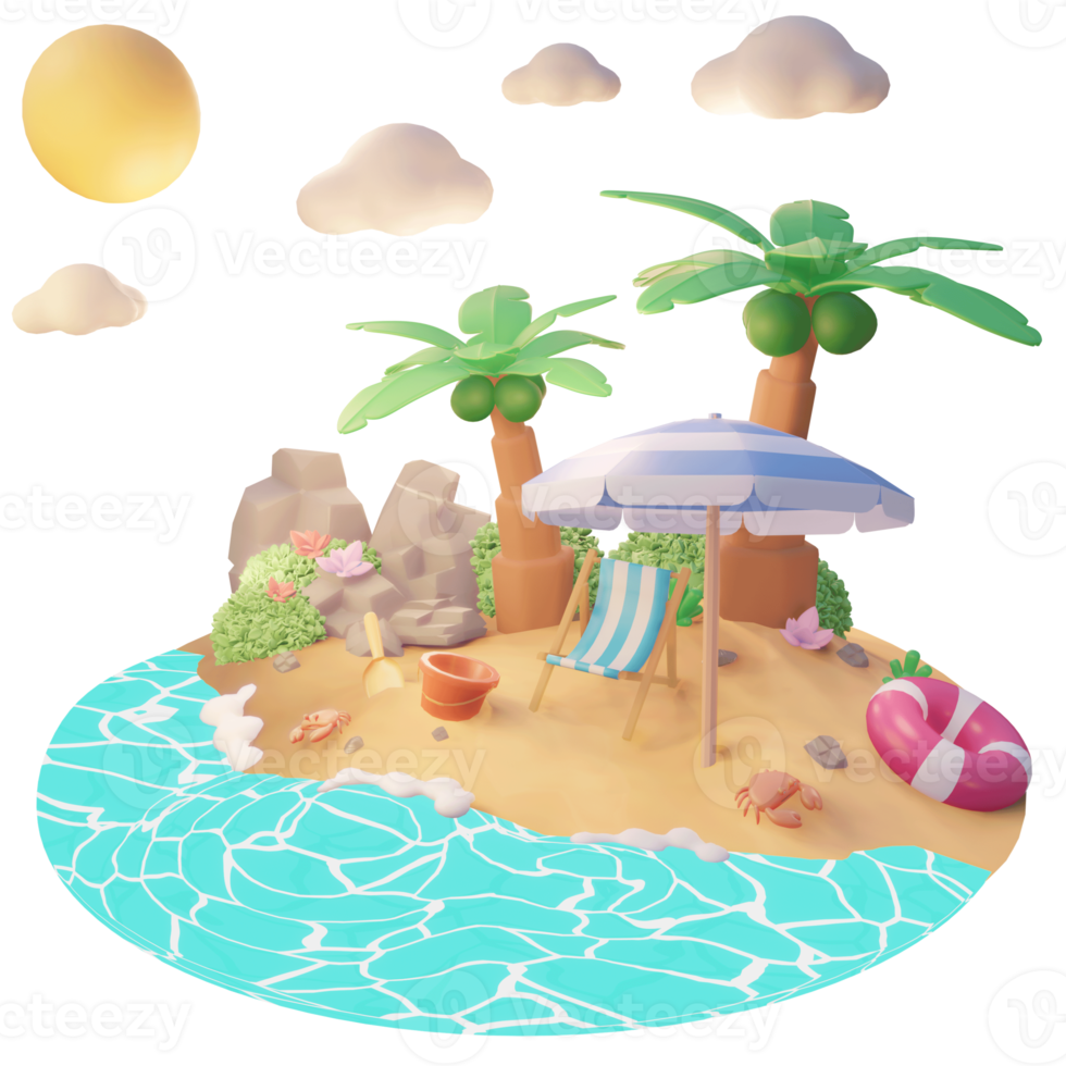 ilustração de verão na praia com palmeiras e ferramentas de praia ilustração 3d png