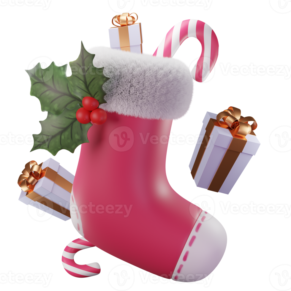 3D-Illustration, Weihnachtssocken mit Süßigkeiten und Geschenken, Verwendung für Web, App, Infografik, Druck usw png