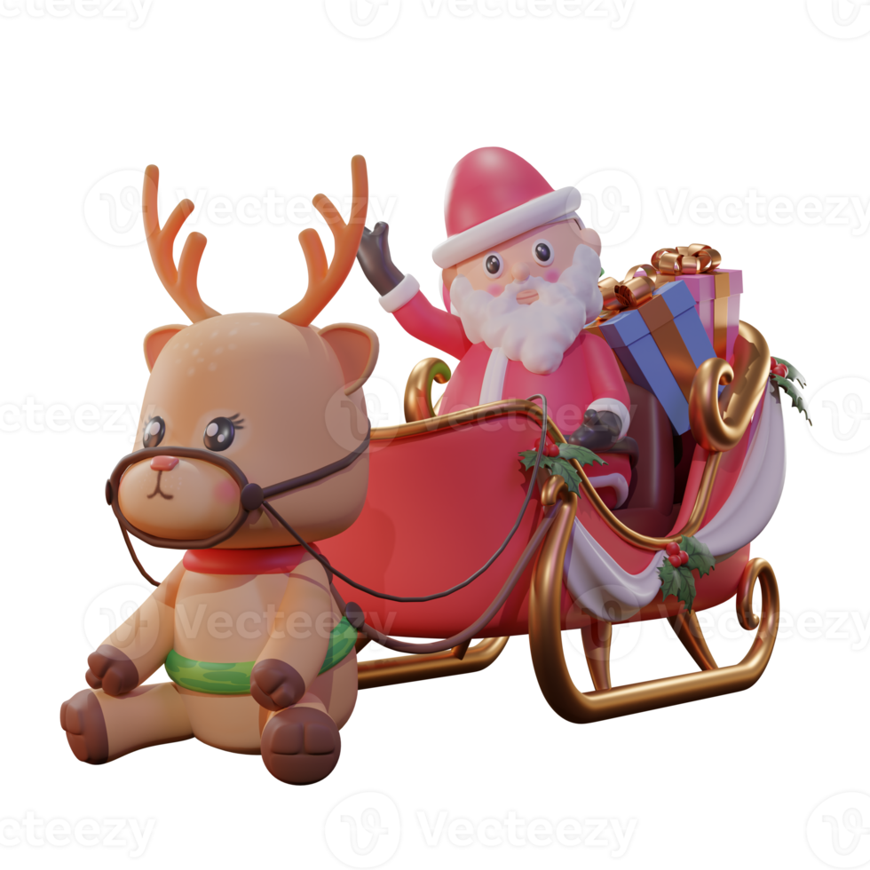 3D-Illustration von Weihnachten mit Weihnachtsmann, Kutsche und Rentier, verwendet für Web, App, Infografik usw png