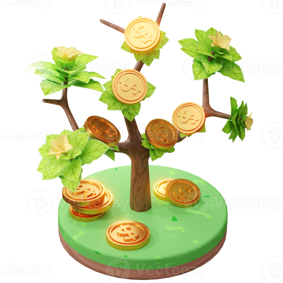 3D Rendering Illustration of Growing Business, with tree and coin, used for web, app etc png
