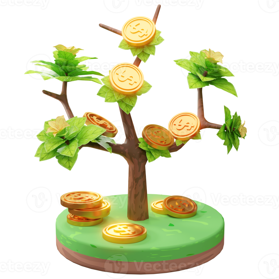 3D Rendering Illustration of Growing Business, with tree and coin, used for web, app etc png