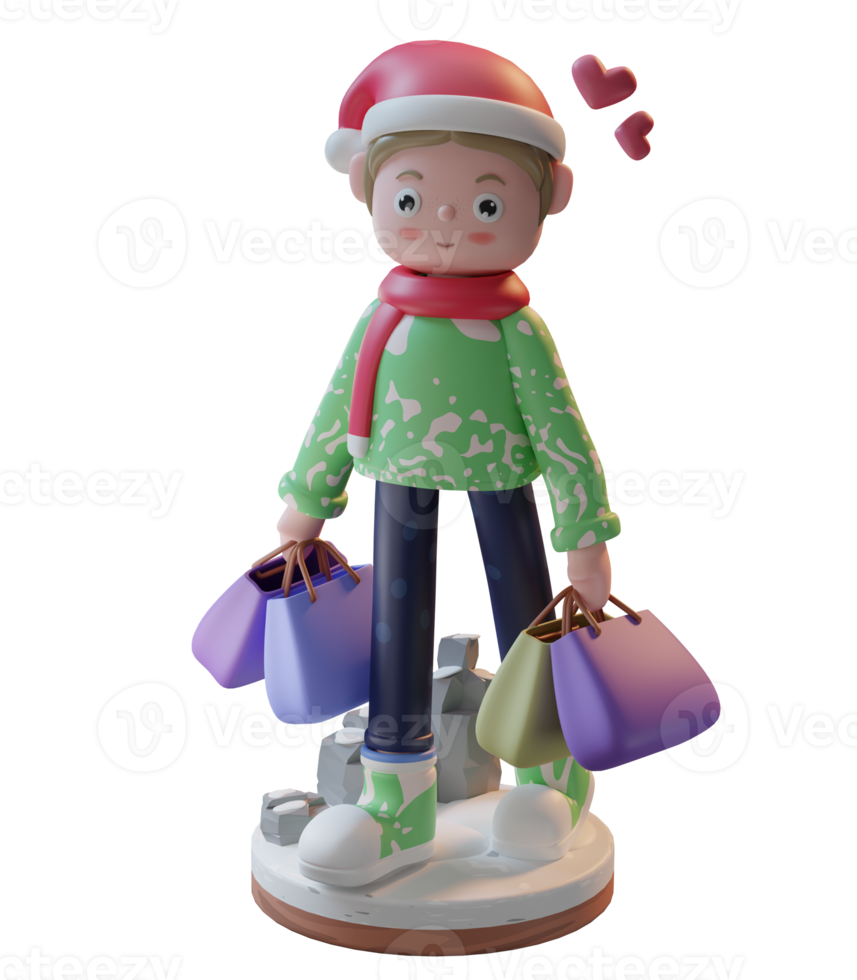 Personnage d'illustration 3d avec écharpe et chapeau de noël, utilisé pour le web, l'application, l'infographie, les publicités, la bannière, etc. png