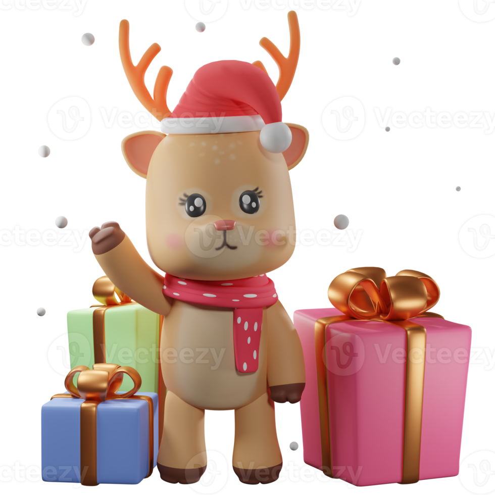 3d render ilustração, rena de natal com caixa de presente, usado para web, app, infográfico, publicidade, etc png