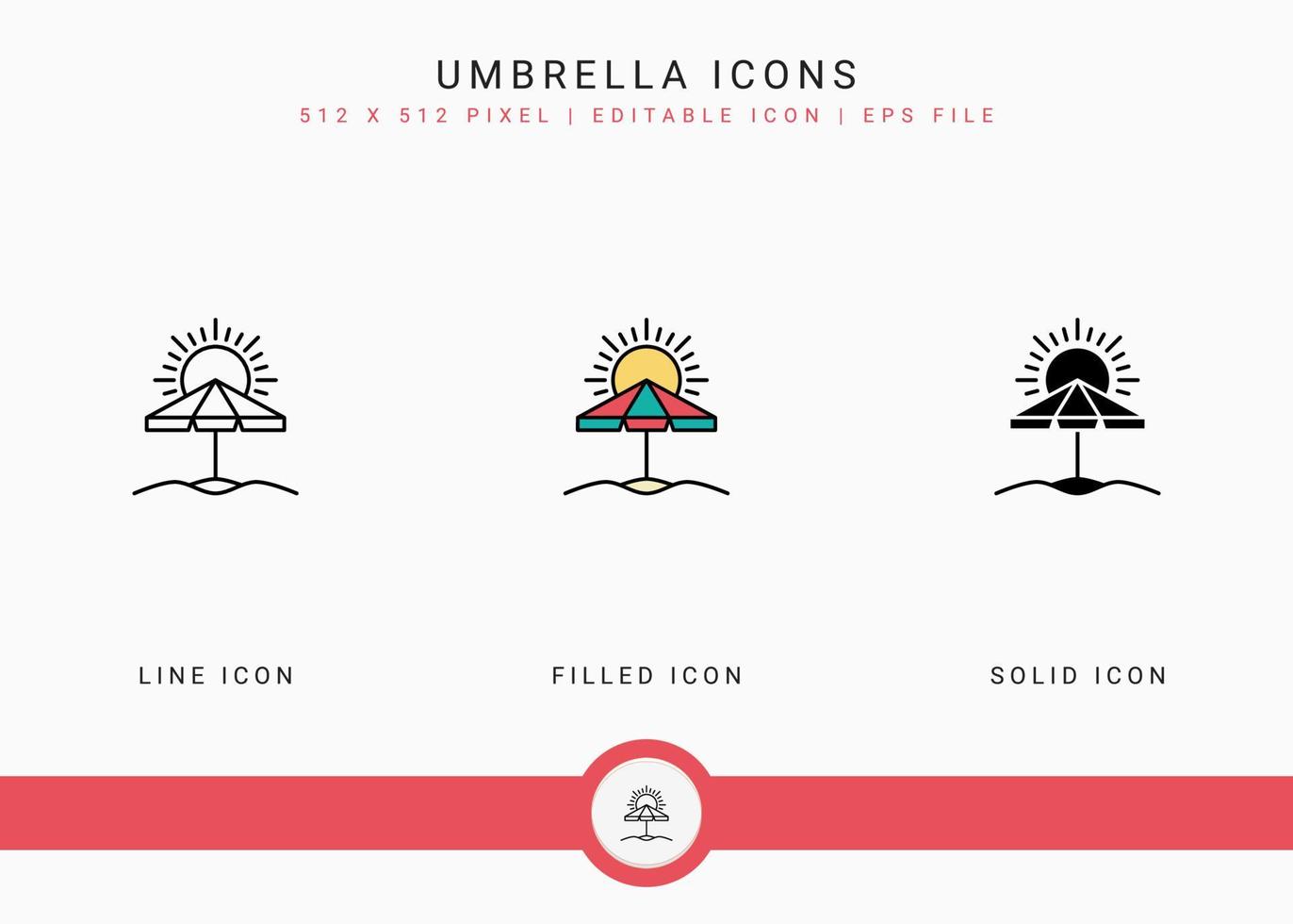 Umbrella icons set vector illustration with solid icon line style. Sunscreen shield concept. Editable stroke icon on isolated white background for web design, user interface, and mobile application