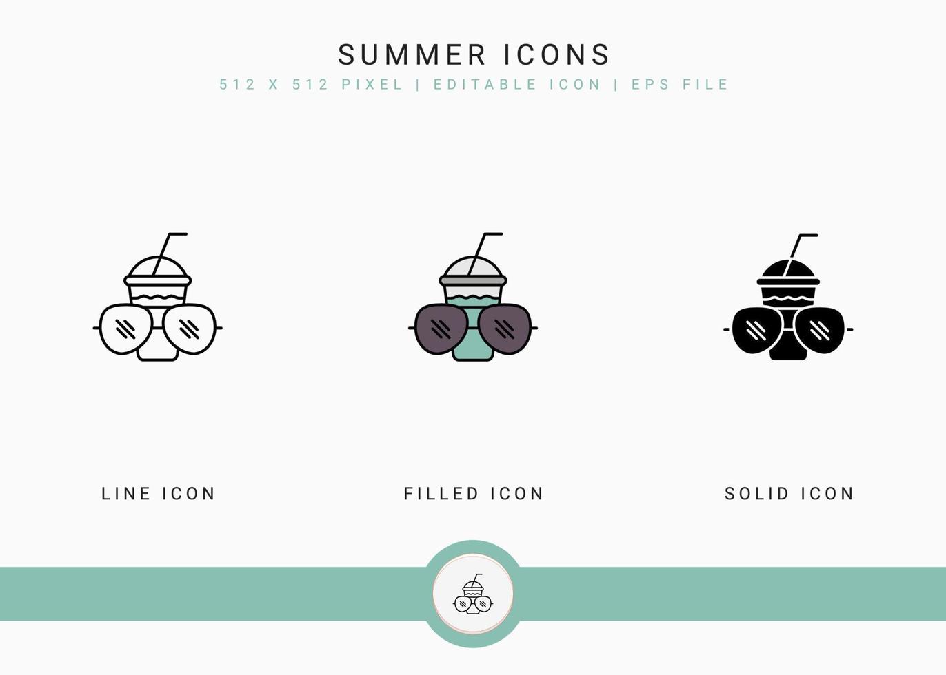 Summer icons set vector illustration with solid icon line style. Beach vacation concept. Editable stroke icon on isolated white background for web design, user interface, and mobile application