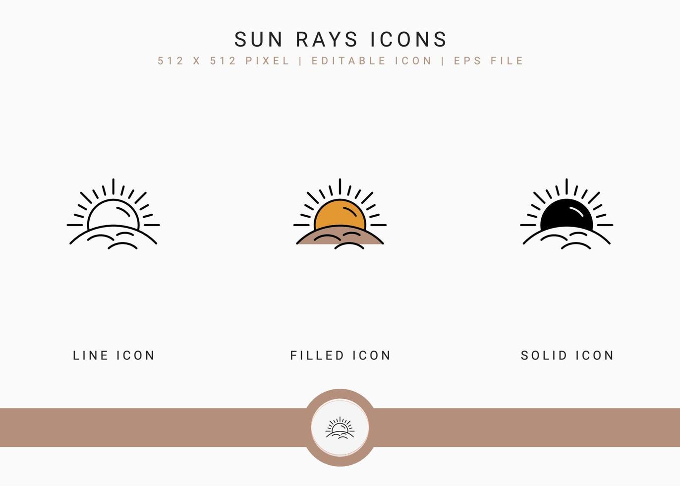Sun rays icons set vector illustration with solid icon line style. Ultraviolet protection concept. Editable stroke icon on isolated white background for web design, user interface, and mobile app