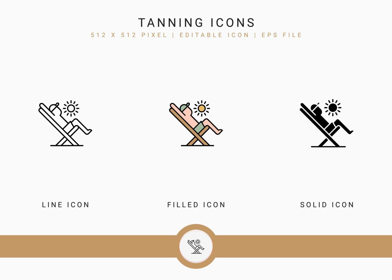 Tanning icons set vector illustration with solid icon line style. Summer beach concept. Editable stroke icon on isolated white background for web design, user interface, and mobile application