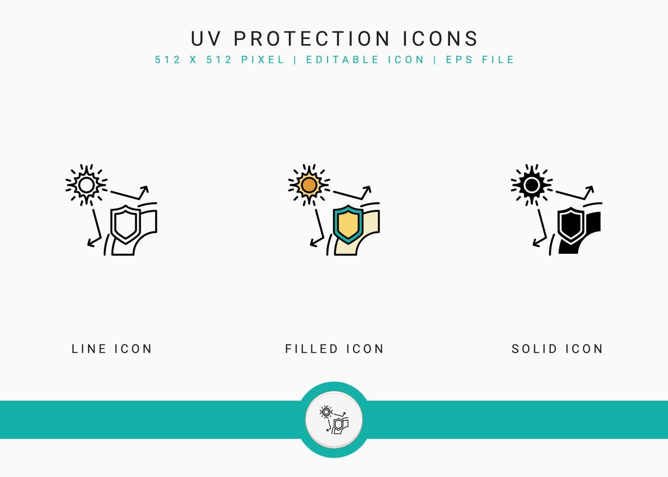 UV protection icons set vector illustration with solid icon line style. Sunscreen shield concept. Editable stroke icon on isolated white background for web design, user interface, and mobile app