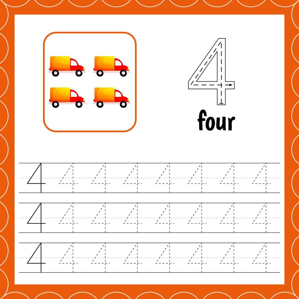 Cards with numbers for children. Trace the line. For kids learning to count and to write. Number four. Count cars. vector