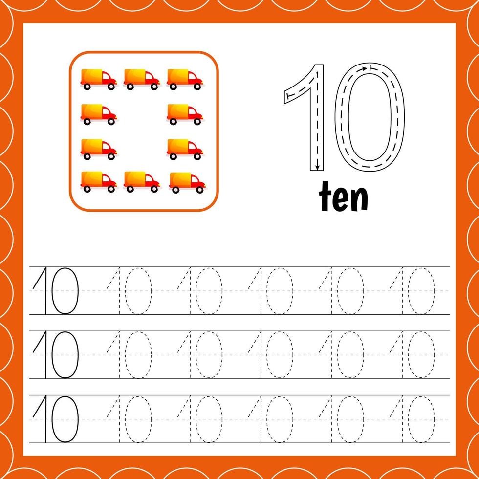 Cards with numbers for children. Trace the line. For kids learning to count and to write. Number ten. Count cars. Educational maths worksheets vector