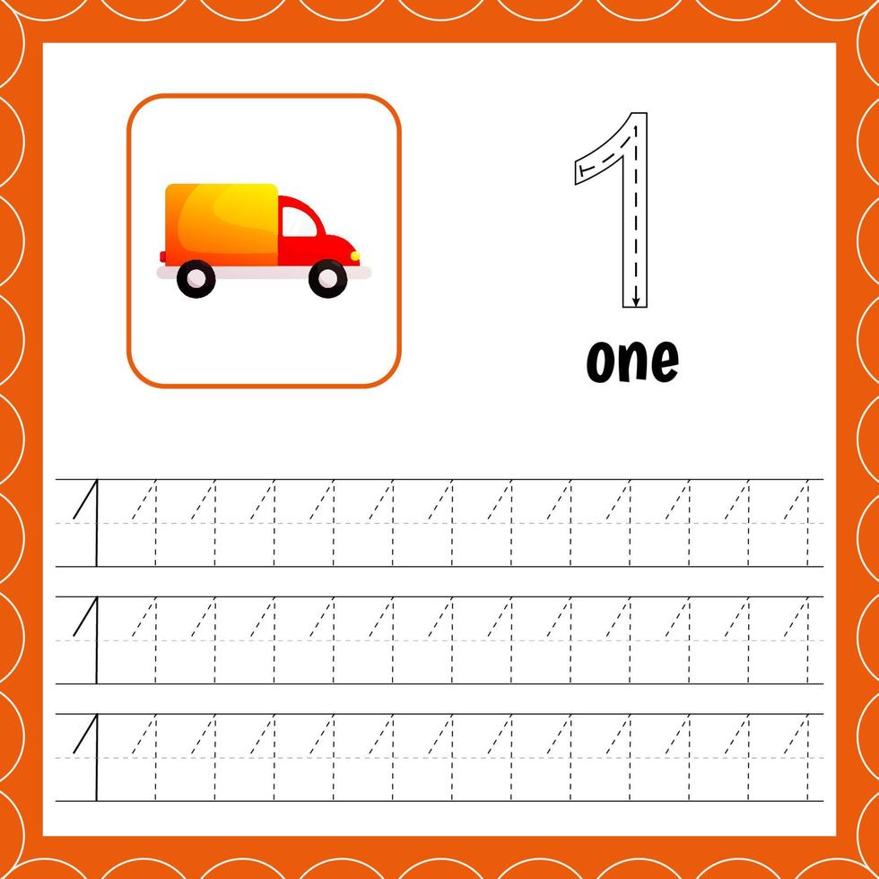 Cards with numbers for children. Trace the line. For kids learning to count and to write. Number one.Count cars. vector