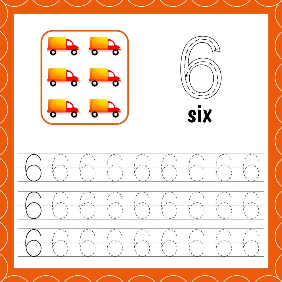 Cards with numbers for children. Trace the line. For kids learning to count and to write. Number six. Count cars. Educational maths worksheets vector