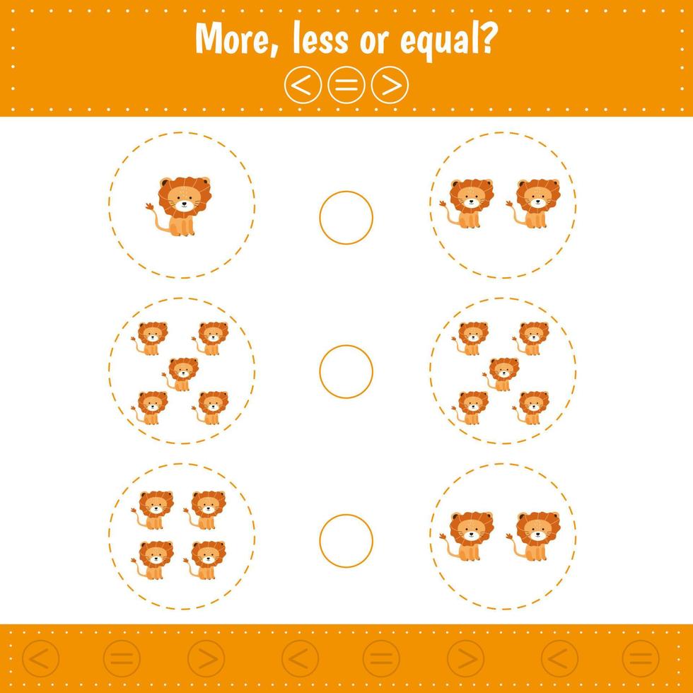 Choose more, less or equal. Count  lion. Learning counting and algebra kids activity. vector