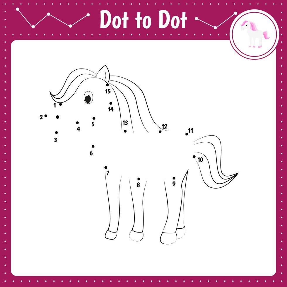 Connect the dots. Unicorn. Dot to dot educational game. Coloring book for preschool kids activity worksheet. Vector Illustration.
