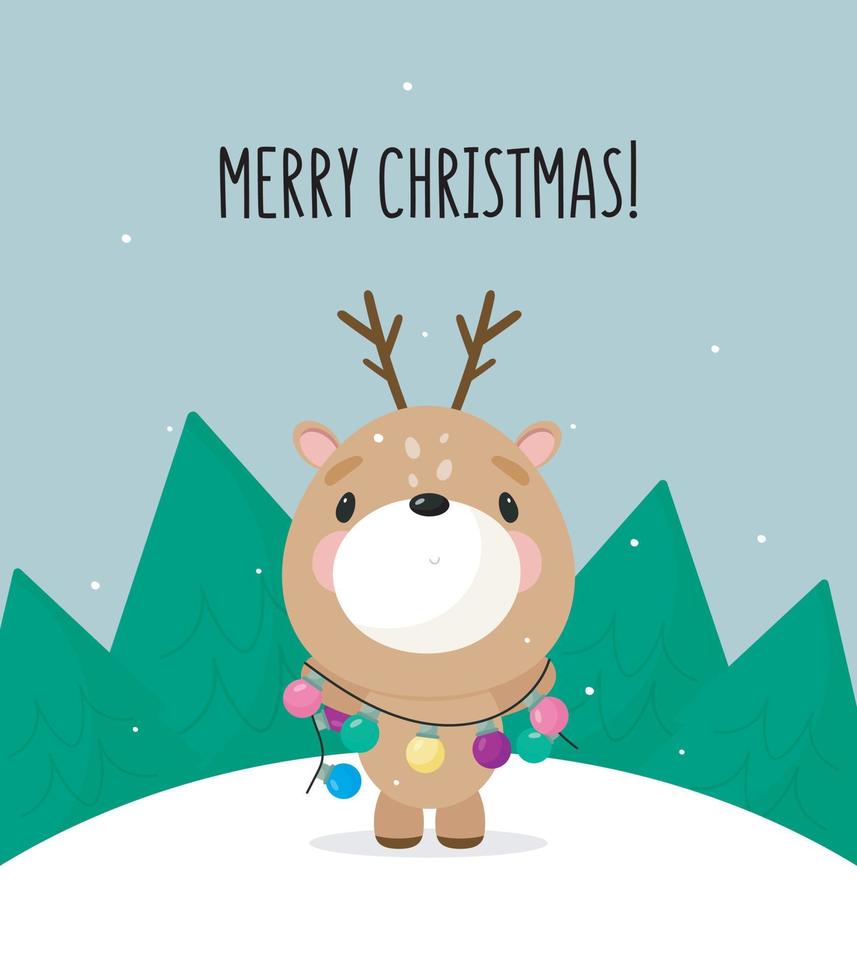 Christmas deer with garland. Cartoon style. Vector illustration. For card, posters, banners, books, printing on the pack, printing on clothes, textile or dishes.