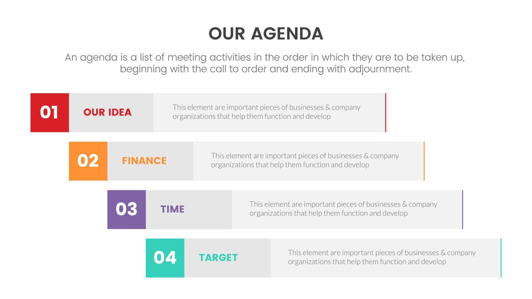 agenda infographic concept for slide presentation with 4 point list and long box vertical shape direction vector