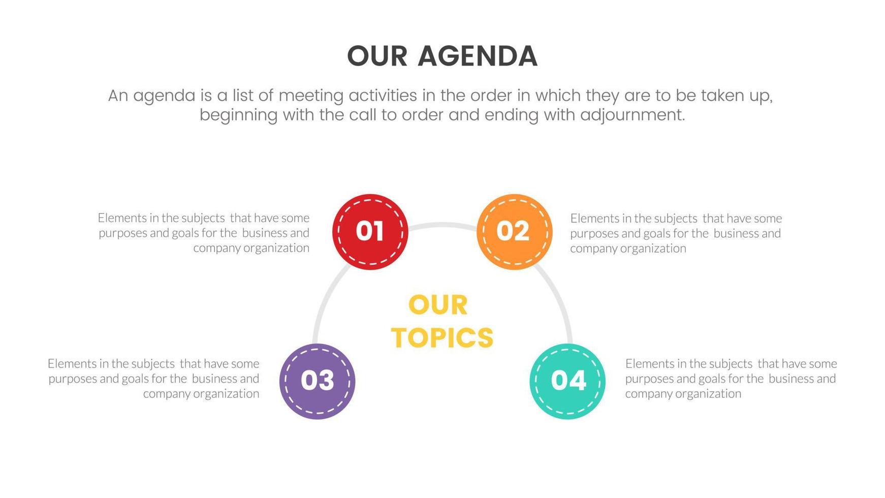 agenda infographic concept for slide presentation with 4 point list and circle center vector