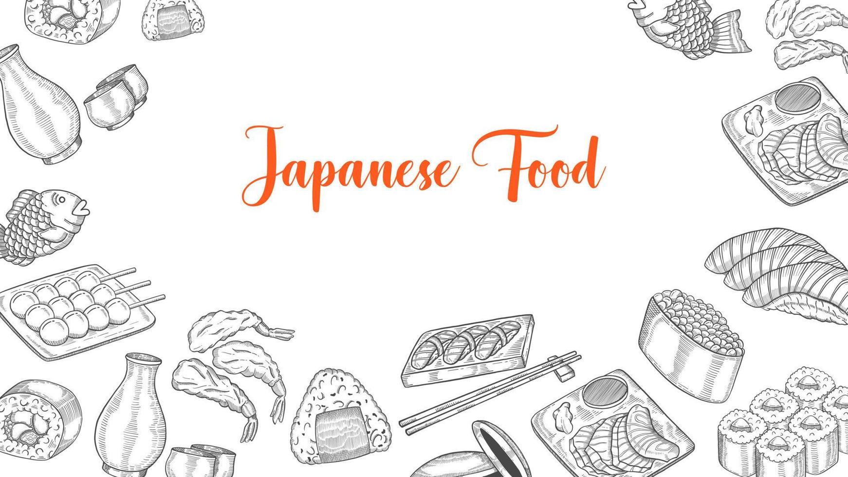 colección de comida japonesa con boceto dibujado a mano para póster de plantilla de banner de fondo vector