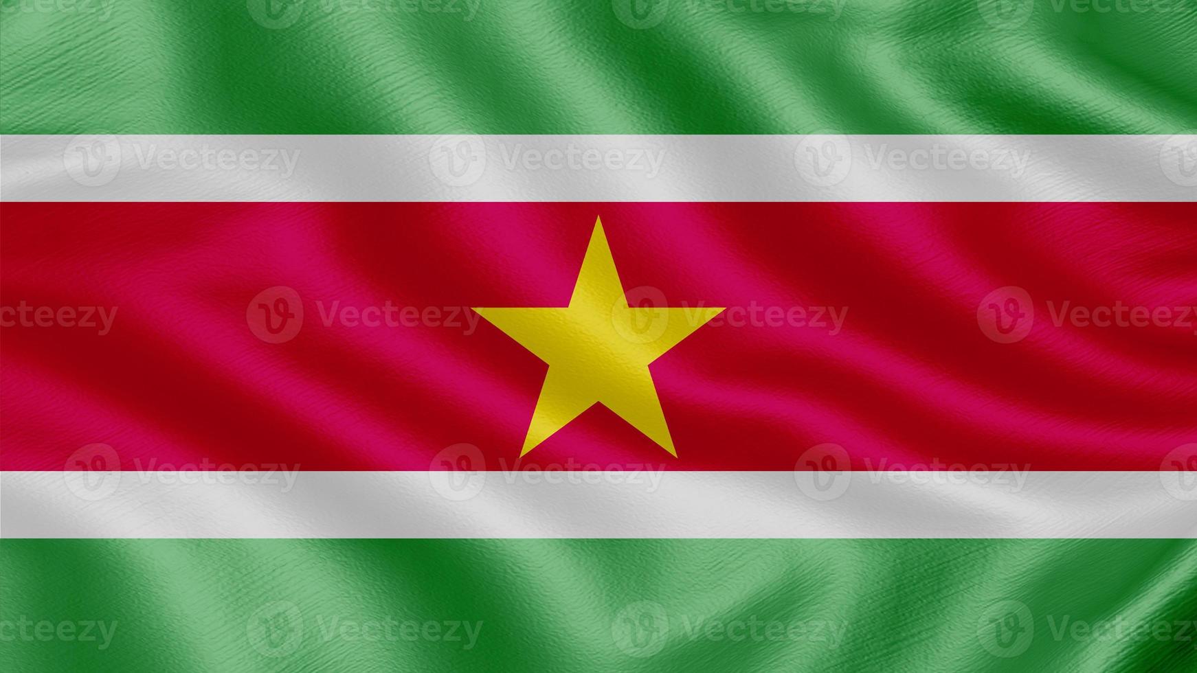 Flag of Suriname. Realistic Waving Flag 3d Render Illustration with Highly Detailed Fabric Texture. photo
