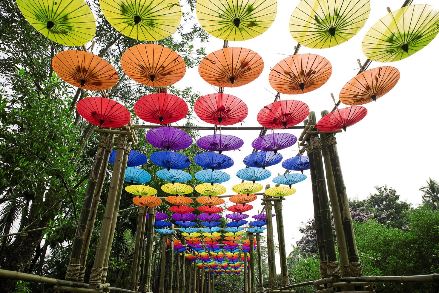 Colorful umbrellas in the park. photo