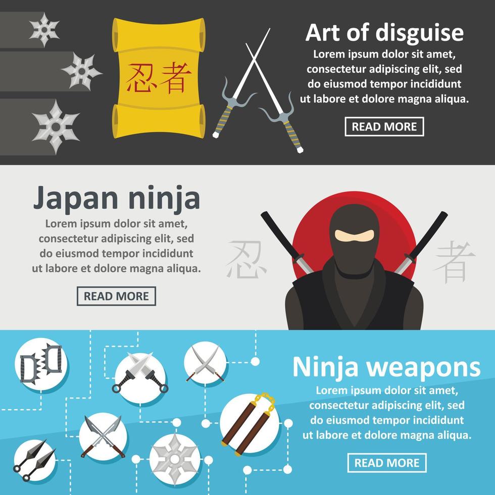 Ninja weapon banner horizontal set, flat style vector
