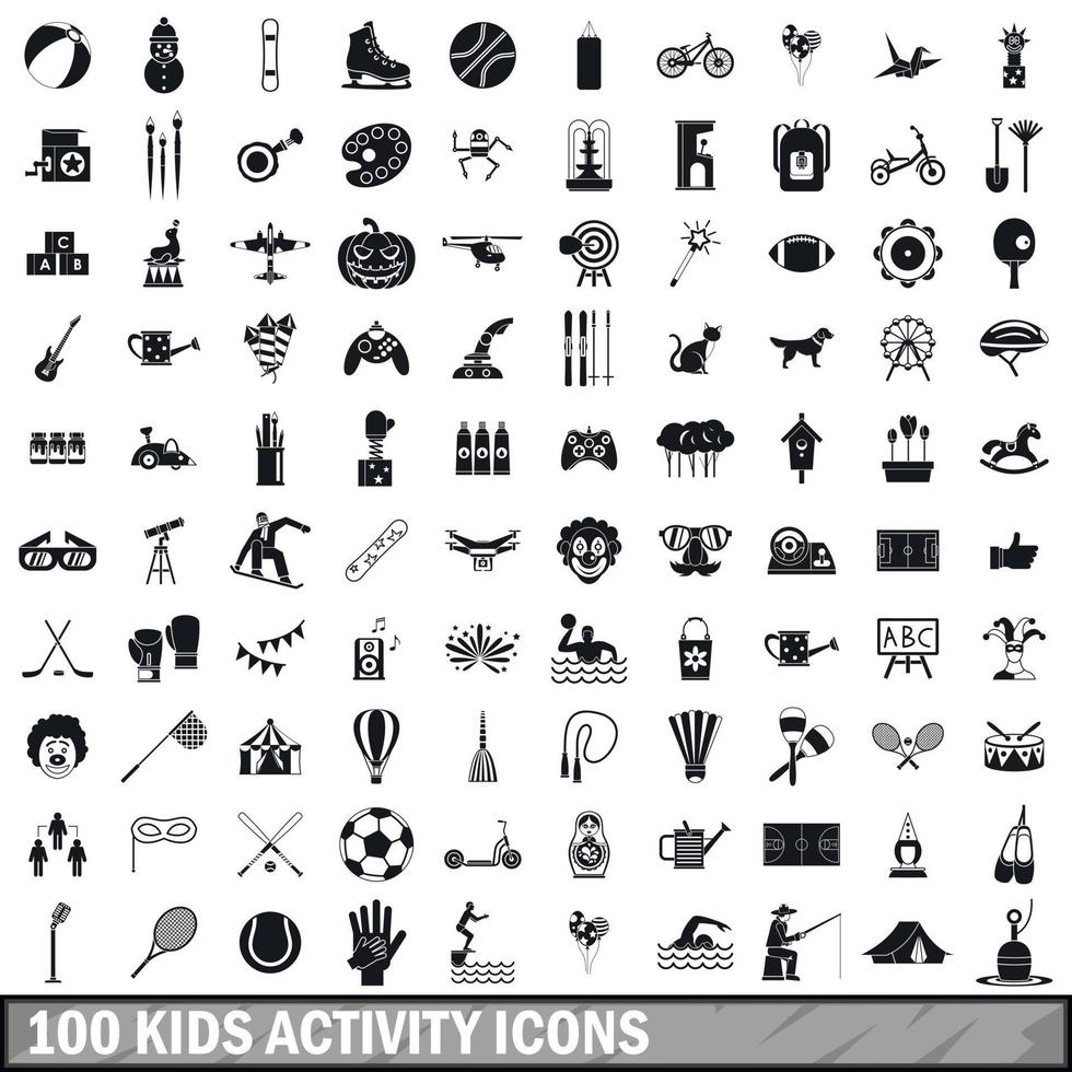 100 kids activity icons set, simple style vector