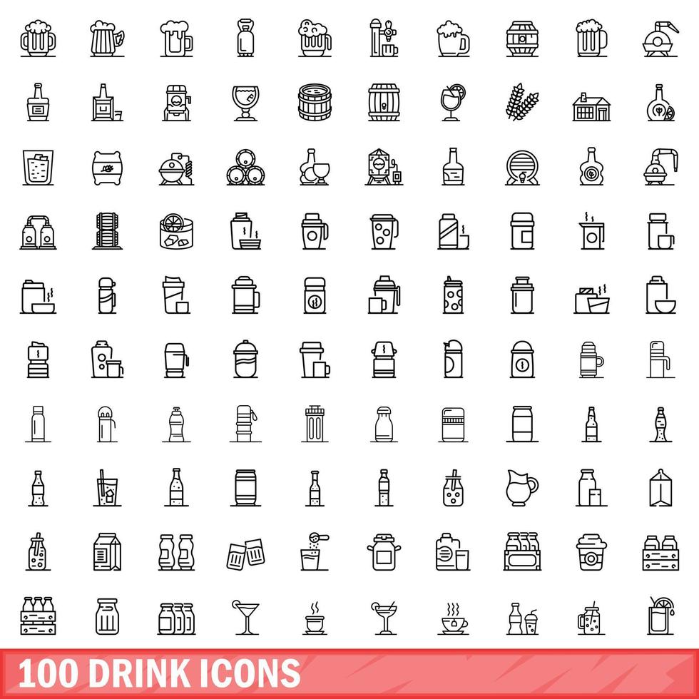 100 drink icons set, outline style vector