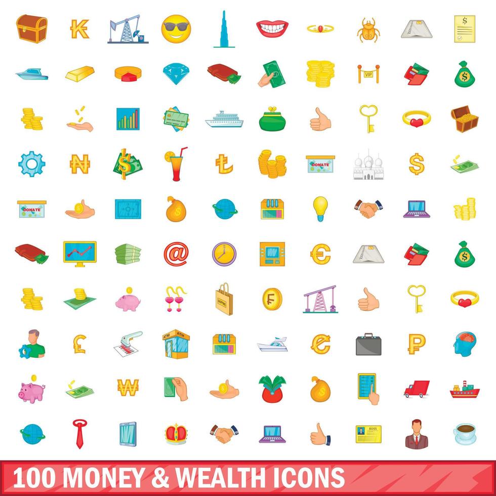 100 money and wealth icons set, cartoon style vector