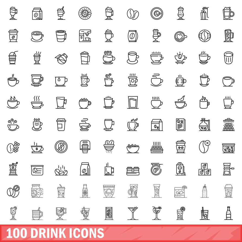 100 drink icons set, outline style vector