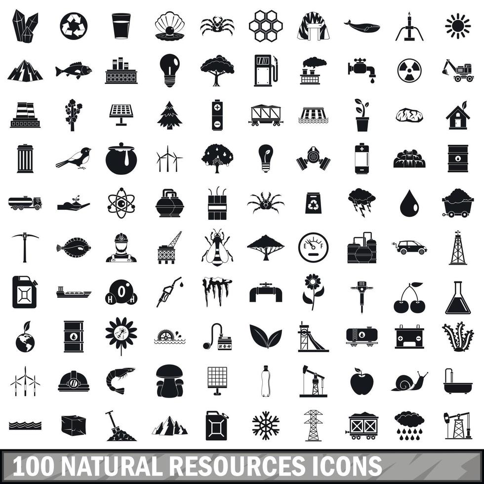 100 natural resources icons set, simple style vector