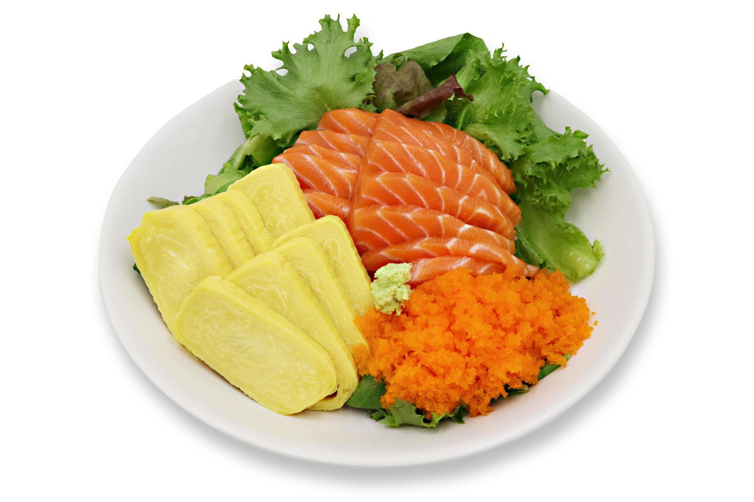 Sushi set raw salmon sashimi,Tobiko egg,Shrimp egg on vegetables,Healthy concept,with clipping path. photo