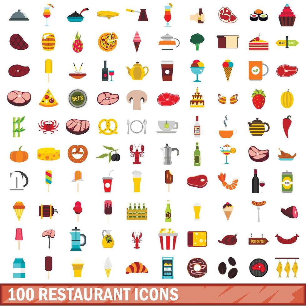 100 restaurant icons set, flat style vector