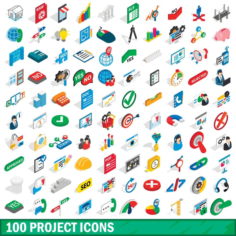 100 project icons set, isometric 3d style vector