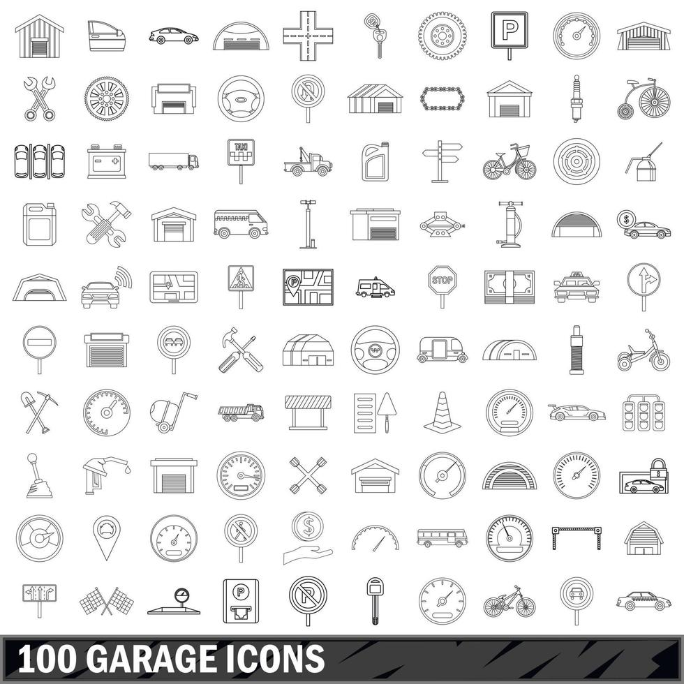 100 garage icons set, outline style vector