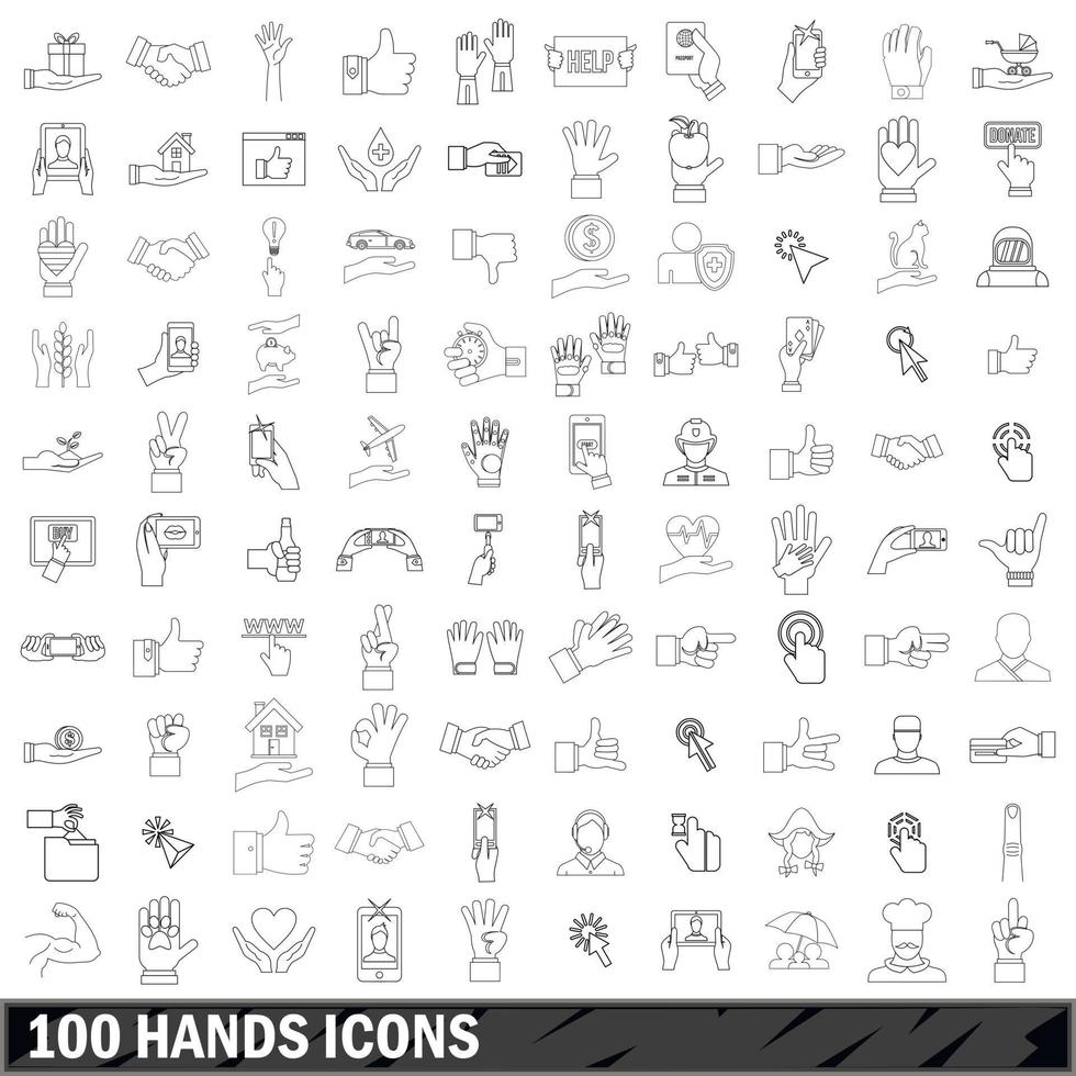 100 hands icons set, outline style vector