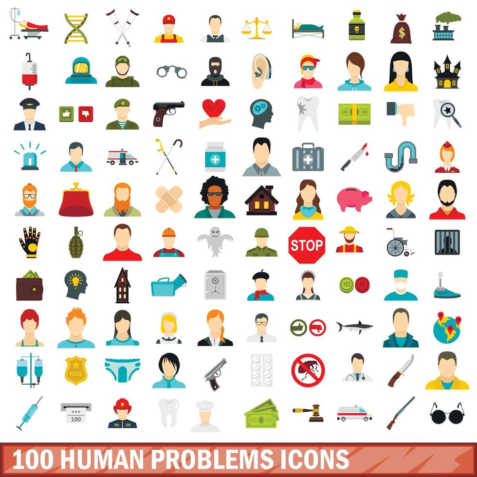 100 human problems icons set, flat style vector